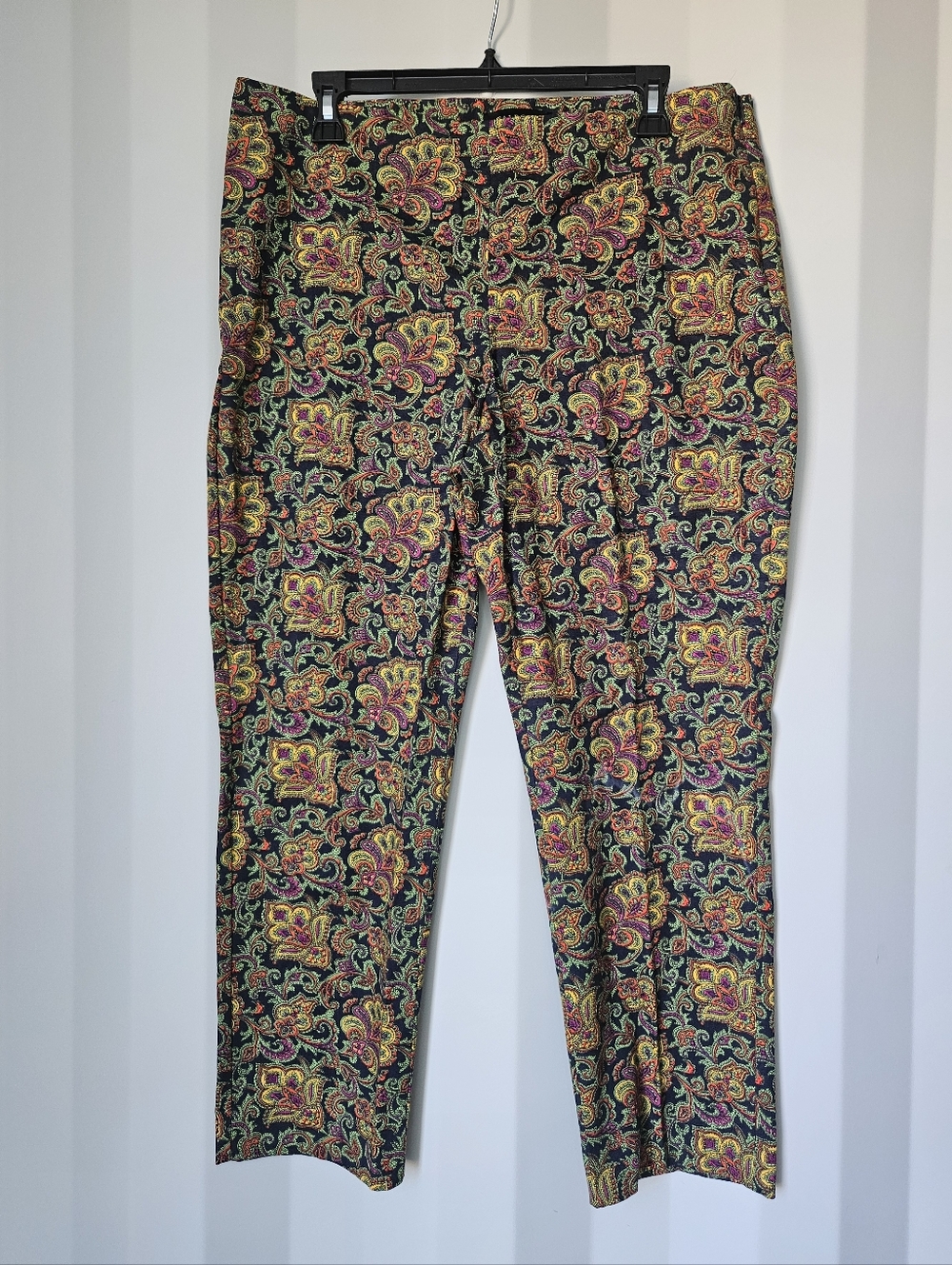 Talbots Flat Front Pant With Fleur De Lis Floral Print On Dark Blue Background